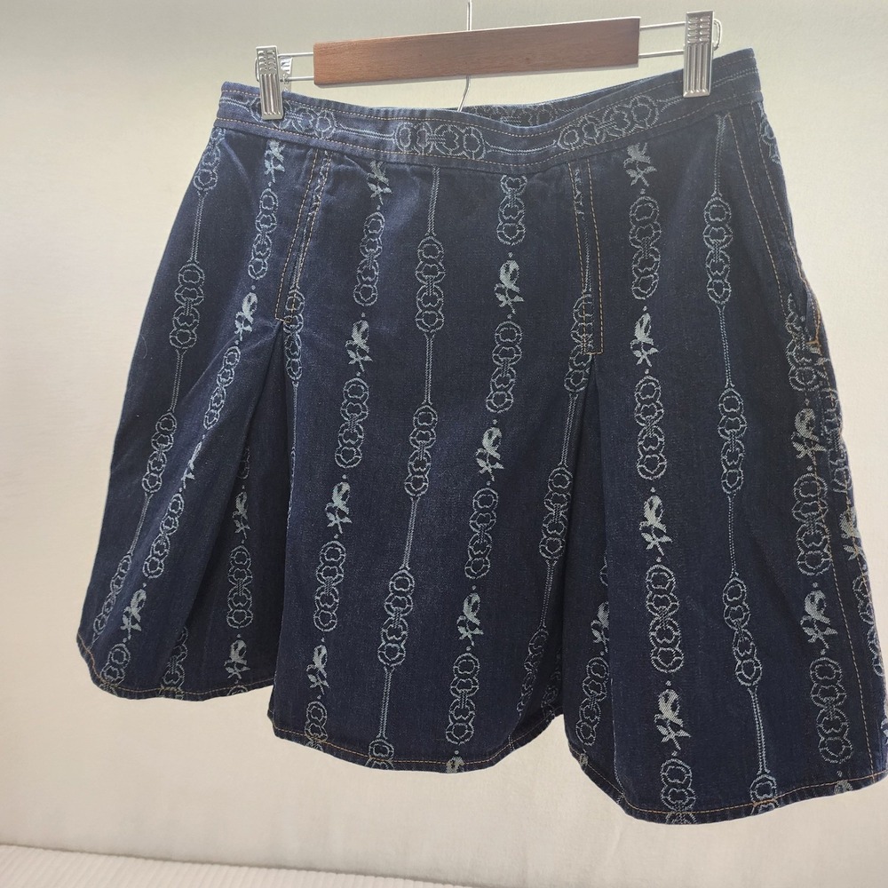 Tory Burch Womens Blue Gemini Jacquard Denim Mini Skirt A-Line Pleated Sz‎ 12 - Picture 3 of 7